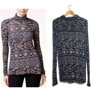 Lucky Brand Printed Linen Blend Long Sleeve Turtle Neck Top Women’s Size XL